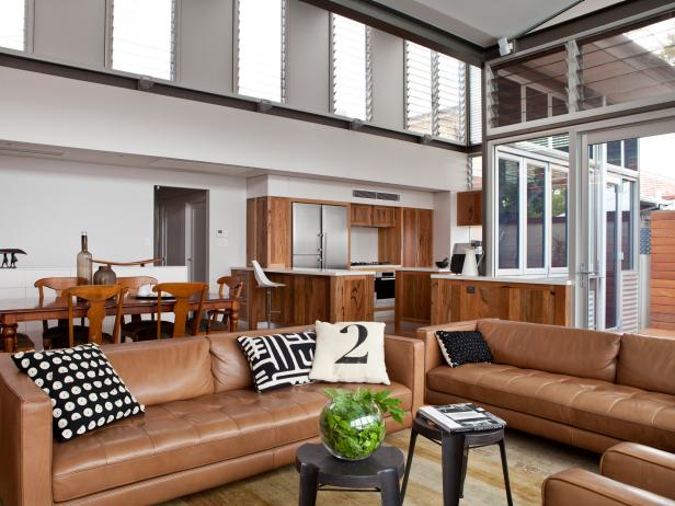 Open-Concept Great Room With Brown Leather Sofas