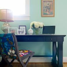 Workstation With Black Desk and Floral-Print Chair