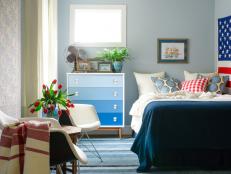 Modern Chairs and Ombre Dresser in Blue Transitional Bedroom