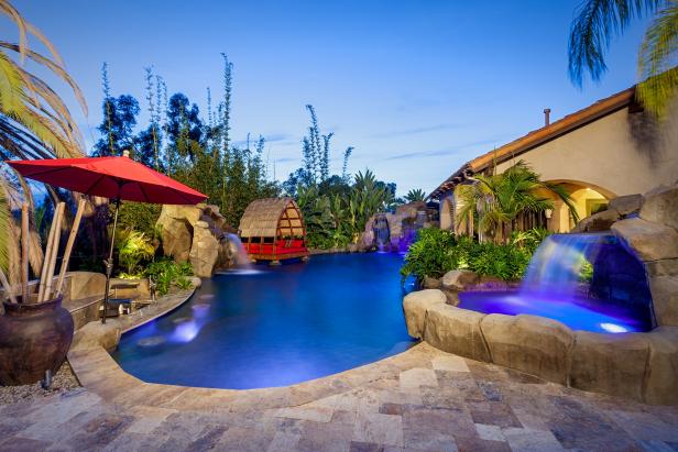 Tropical Poolscape With Lumbung Cabana and Stone ...