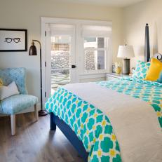White, Transitional Bedroom with Blue and Yellow Accents