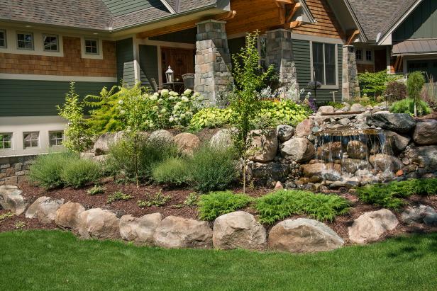 Front Entry Landscaping With Rock Details, Waterfall and ...