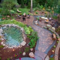 Enchanting Cottage Backyard With Paver Patio Walkway, Natural Rock Pond and Cozy Sitting Areas