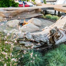 Driftwood Bench and Natural Stone Fire Pit