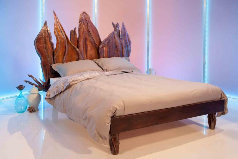 Designer MacKenzie Gibson's and carpenter Brooks Utley bed inspired by flower petals as seen on Ellen's Design Challenge.