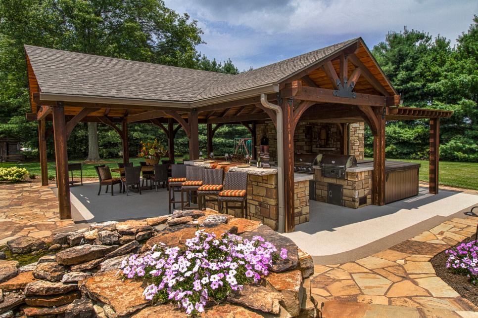 Wood Pavilion with Bar and Outdoor Kitchen