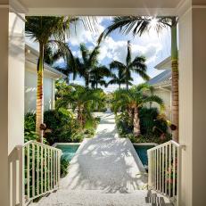 Tropical Landscape with Walkway, Palm Trees and Water Feature