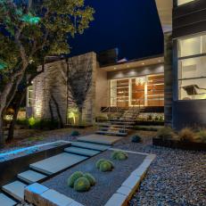 Nighttime Full Front View of Modern Home