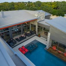 Overhead View of White Modern Home and Pool
