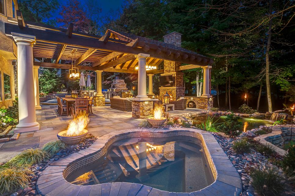 Outdoor Kitchen Hot Tub And Koi Pond, Outdoor Patio With Fireplace And Hot Tub