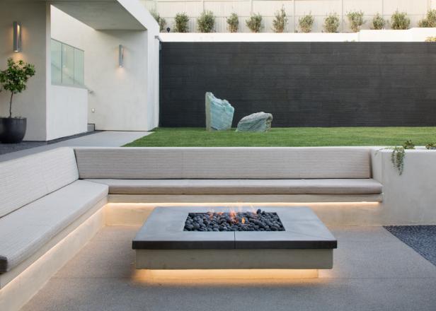 Clean, Modern Backyard with Fire Pit, Pool | HGTV