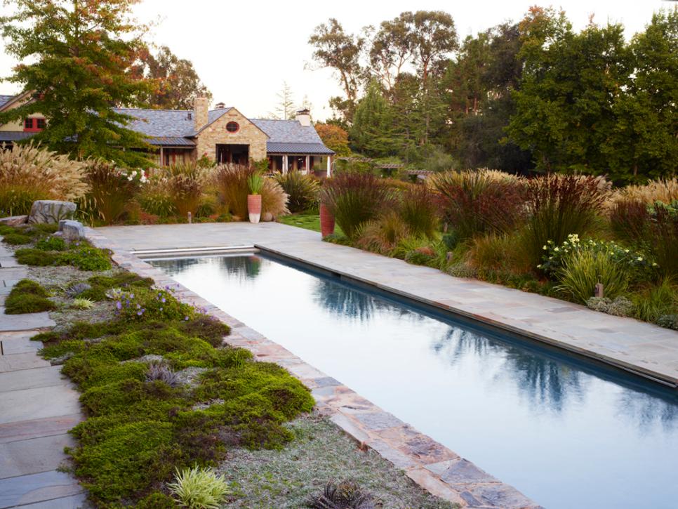 Rustic Modern Outdoors with Rectangular Pool and Evergreen Perennials