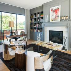 Gray Contemporary Home Office With Fireplace