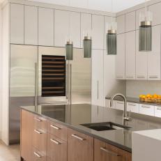Neutral Modern Kitchen With Gray Pendants