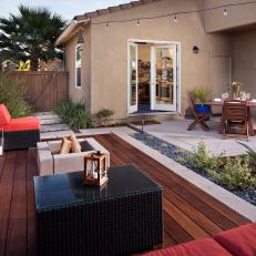 Modern Backyard With Lounge Area and Dining Area