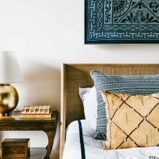 Nightstand, Gold Lamp and Pillow 