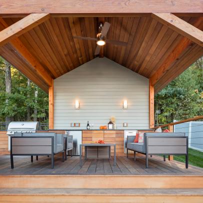 Sitting Area and Outdoor Kitchen on Covered Cedar Deck