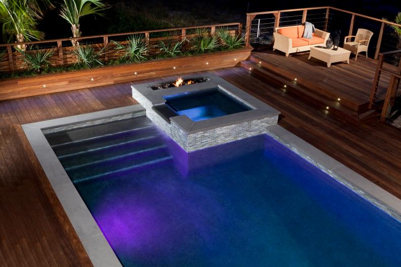 Brown Deck With Pool, Hot Tub and Tropical Plants