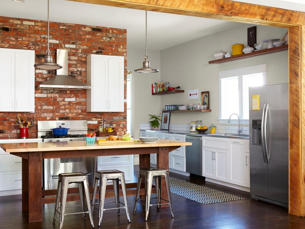 Neutral Kitchen With Brick Accent Wall Hgtv