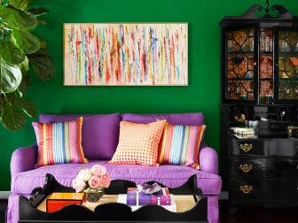 Green Living Room With Purple Sofa