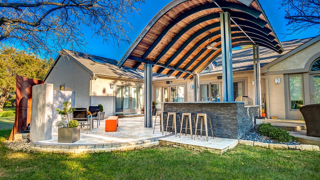 Patio With Modern Steel Roof and Outdoor Fireplace HGTV Ultimate Outdoor Awards 2016 HGTV