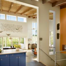 Modern Kitchen with Blue Cabinets, Unique Lighting