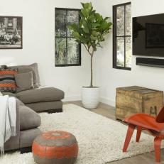 White, Modern Media Room with Eclectic Accents