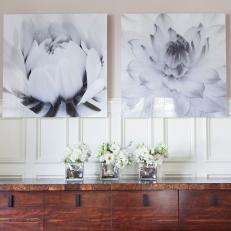 Transitional Neutral Dining Room With Floral Art