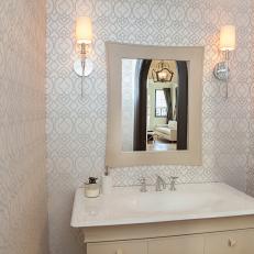 Neutral Powder Room With Architectural Wallpaper
