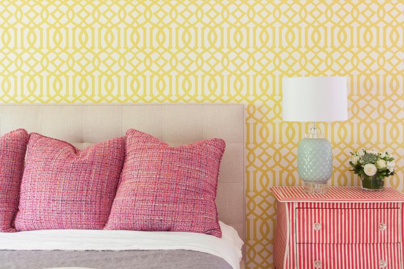 Yellow, Geometric Wallpaper in Bedroom with Pink and Mint Accent Pieces