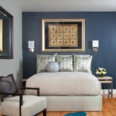 Transitional Guest Room with Blue Accent Wall, Glam Accents