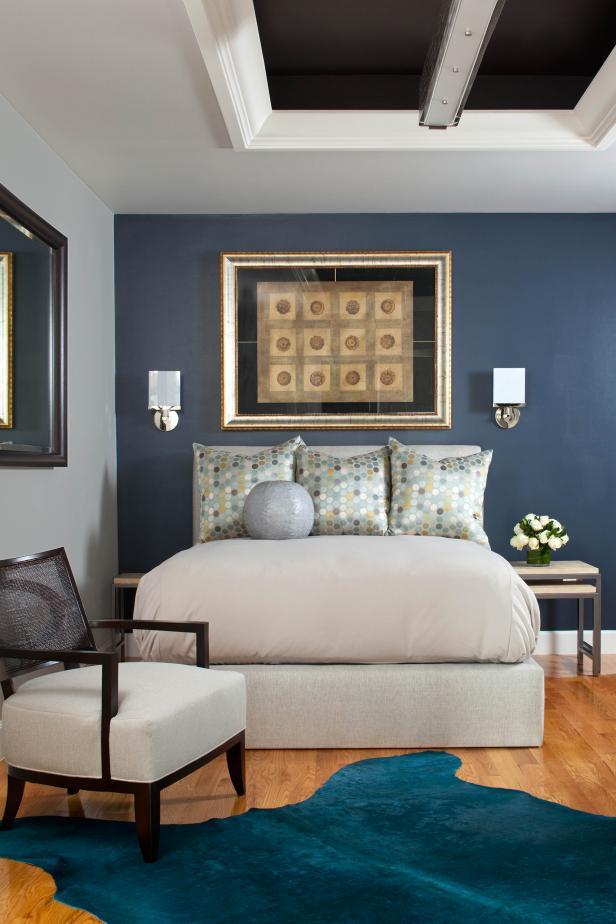Transitional Guest Room with Blue Accent Wall, Glam Accents | HGTV