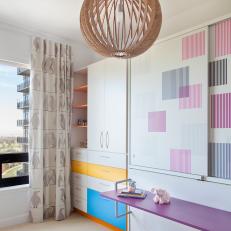 Modern Kids Room With Youthful Geometric Chandelier, Colors & Sleek Storage