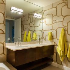 Modern Bathroom Features Floating Vanity & Retro Wallpaper