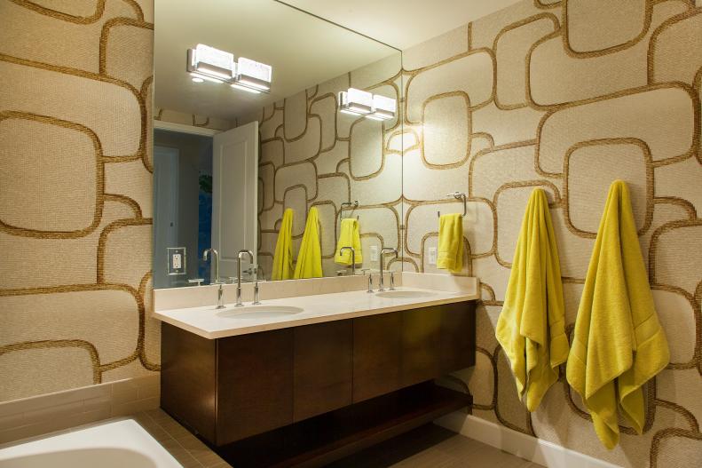Modern Bathroom With Floating Vanity & Midcentury Modern Wallpaper