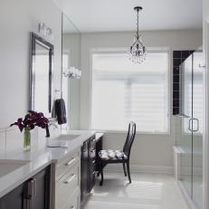 White, Traditional Master Bathroom with Built-In Vanity