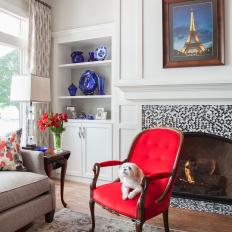 White, Traditional Living Room with Standout Fireplace