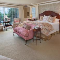 Master Bedroom Features Damask Wallpaper, Feminine Accents & Sitting Area