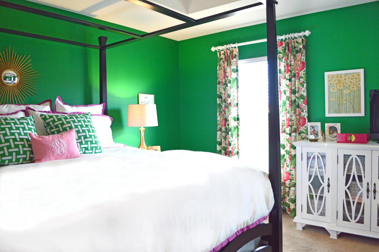 Green Master Bedroom Highlighted with Clean White Bedding  