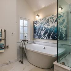 Transitional Bathroom With Marble Floors and Freestanding Bathtub