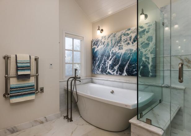 Transitional Bathroom With Marble Floors and Freestanding Bathtub | HGTV