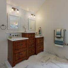 Transitional White Marble Bathroom With Double Vanities