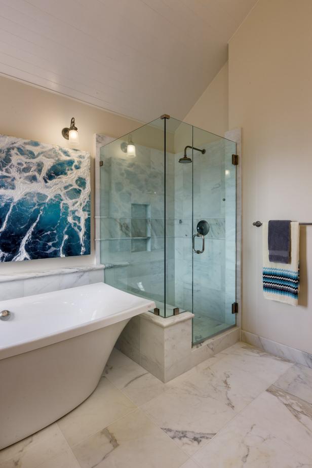 Glass and White Marble Shower Stall in Transitional Bathroom | HGTV
