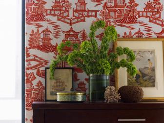 Chinoiserie Fabric Adds Life to Wall Behind Dresser