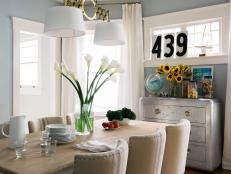 Family-Friendly Blue Transitional Dining Room With Snack Station