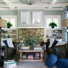 Gray Transitional Family Room With Stone Fireplace