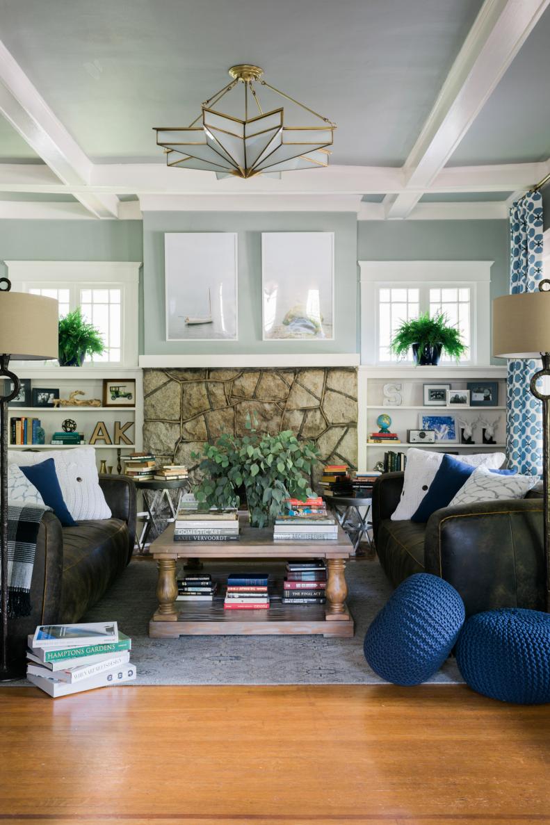 Gray Transitional Family Room With Fireplace and Coffered Ceiling
