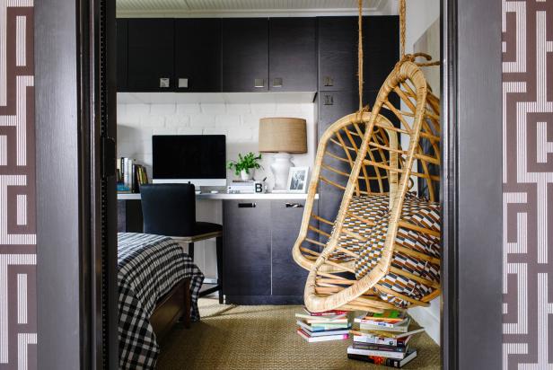 Rattan Chairs Hanging in Guest Bedroom Entryway