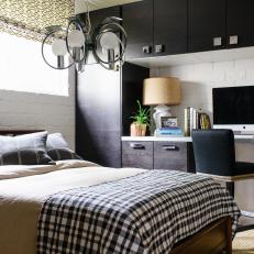 Black and White Bedroom With Cabinets and Work Station