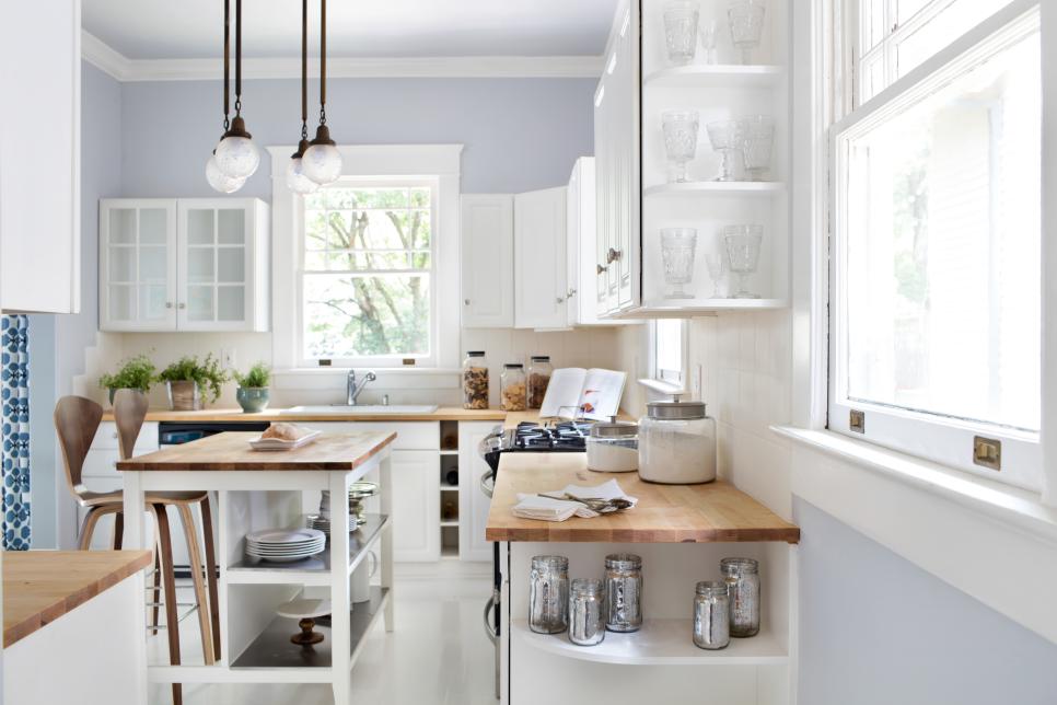 Beautiful White Kitchen With Island and Open Corner Shelving